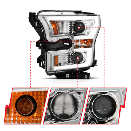 ANZO 2015-2017 Ford F-150 Projector Headlights w/ Plank Style Switchback Chrome w/ Amber 111358