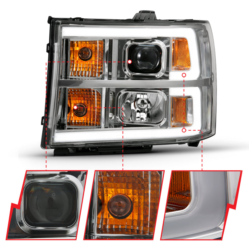 ANZO 2007-2013 Gmc Sierra 1500 Projector Headlight Plank Style Chrome w/ Clear Lens Amber 111483