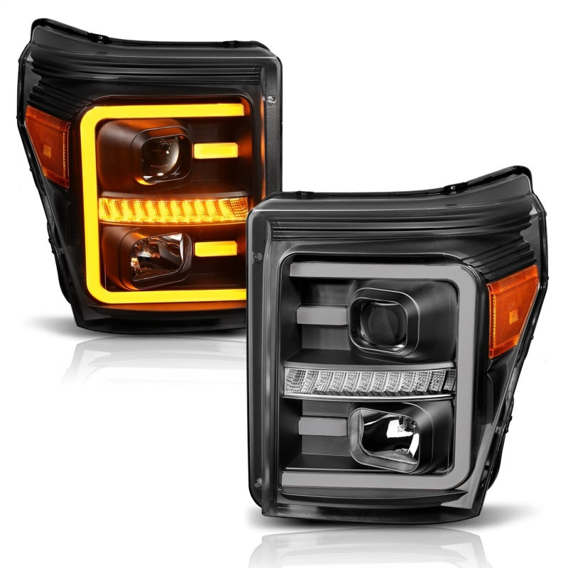 ANZO 2011-2016 Ford F250 Projector Headlights w/ Plank Style Switchback Black w/ Amber 111406