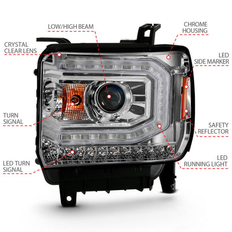 ANZO 2016-2019 Gmc Sierra 1500 Projector Headlight Plank Style Chrome w/ Sequential Amber Signal 111486