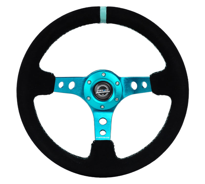 NRG Reinforced Steering Wheel (350mm/ 3in. Deep) Black Suede/ Teal Center Mark/ Teal Stitching RST-006S-TL