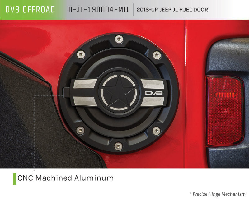 DV8 Offroad 2018+ Jeep JL Aluminum Fuel Door for 20-Pres Wrangler D-JL-190004-MIL