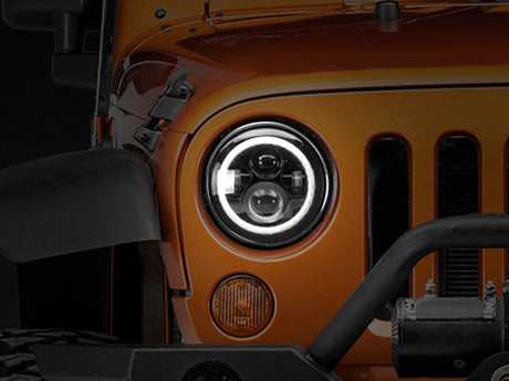 Raxiom 97-18 Jeep Wrangler TJ/JK Axial Halo Headlights w/ DRL Amber Signals- Blk Hsng (Clear Lens) J108037