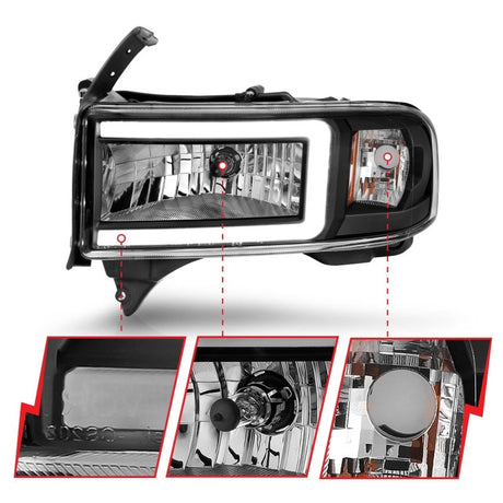 ANZO 94-02 Dodge RAM Crystal Headlight - w/ Light Bar Black Housing 111554