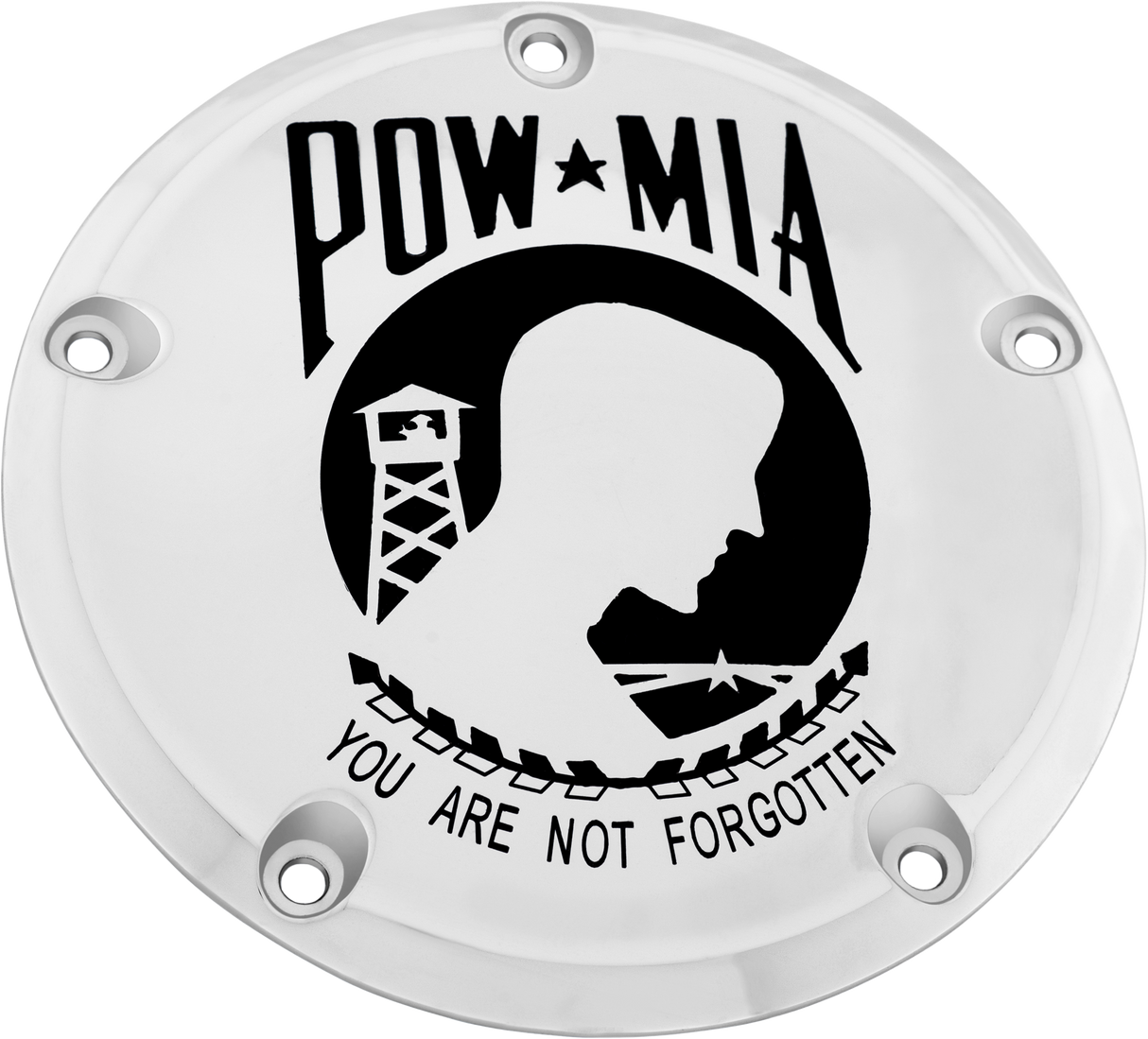 CUSTOM ENGRAVING 6   M8 Softail Derby Cover Pow-Mia Chrome POW01-67