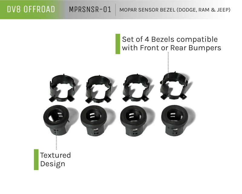 DV8 Offroad Jeep/Dodge/RAM Front Bezel & Rear Clip Replacement Kit for MOPAR Sensors - Set of 4 MPRSNSR-01