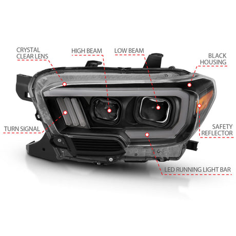ANZO 2016-2017 Toyota Tacoma Projector Headlights w/ Plank Style Design Black/Amber w/ DRL 111379