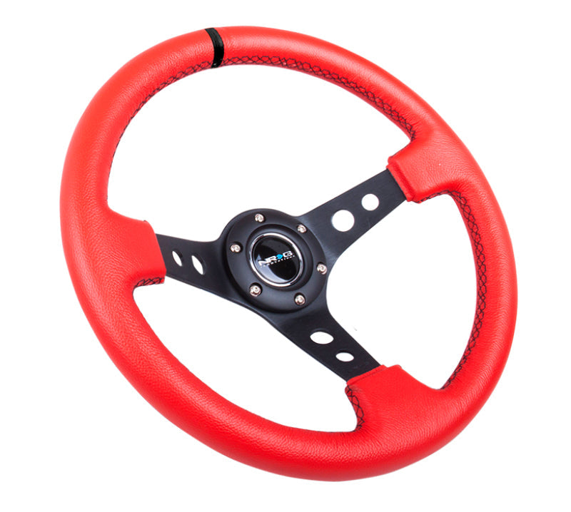NRG Reinforced Steering Wheel (350mm / 3in. Deep) Red Suede w/Blk Circle Cutout Spokes RST-006S-RR