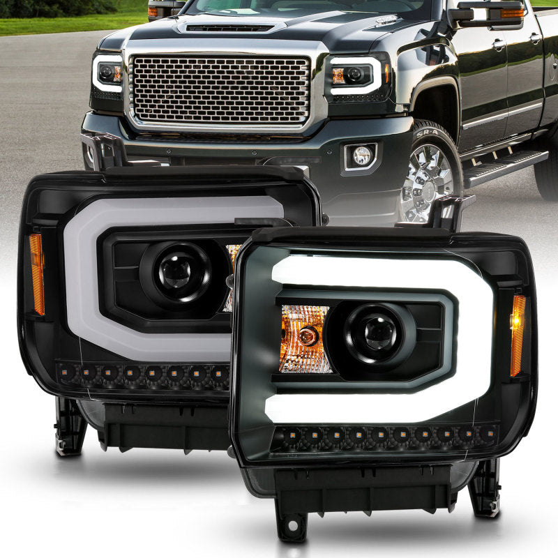 ANZO 2014-2015 GMC Sierra 1500 Projector Headlights w/ Light Bar Black Housing (Halogen Type) 111513