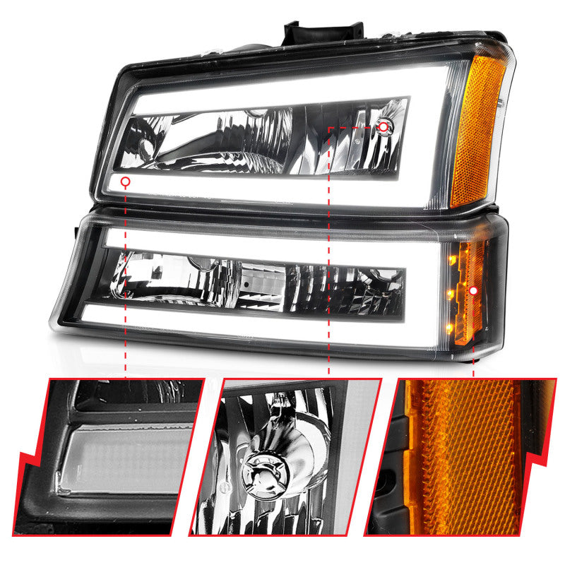 ANZO 2003-2006 Chevrolet Silverado 1500 Crystal Headlights w/ Light Bar Black Housing 111501