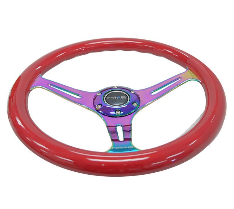 NRG Classic Wood Grain Steering Wheel (350mm) Red Grip w/Neochrome 3-Spoke Center ST-015MC-RD