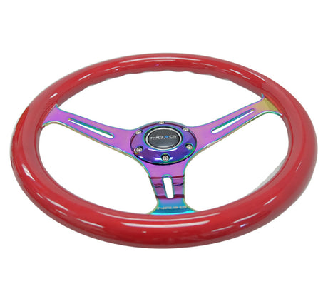 NRG Classic Wood Grain Steering Wheel (350mm) Red Grip w/Neochrome 3-Spoke Center ST-015MC-RD