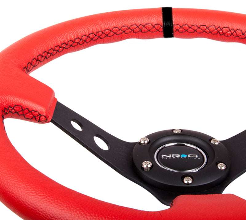 NRG Reinforced Steering Wheel (350mm / 3in. Deep) Red Suede w/Blk Circle Cutout Spokes RST-006S-RR