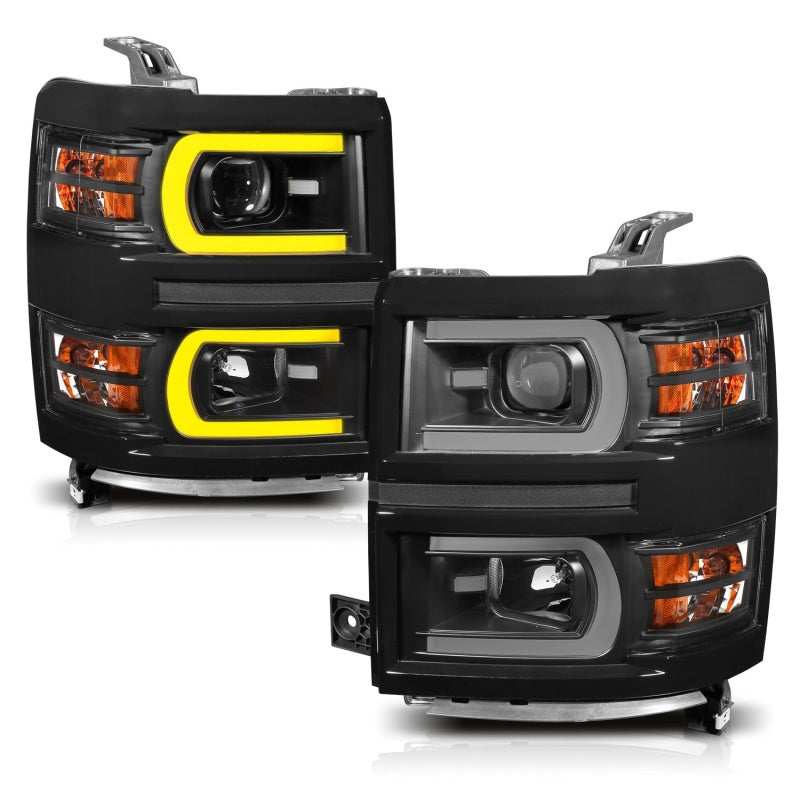 ANZO 14-15 Chevrolet Silverado 1500 Projector Headlights w/ Plank Style Switchback Black w/ Amber 111412