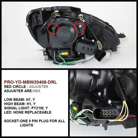 Spyder Mercedes Benz C-Class 08-11 Projector Headlights Halogen - DRL Blk PRO-YD-MBW20408-DRL-BK 5042262