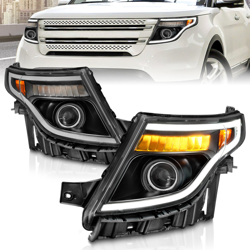 ANZO 11-15 Ford Explorer (w/Factory Halogen HL Only) Projector Headlights w/Light Bar Black Housing 111575