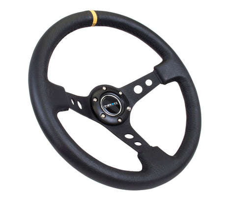 NRG Reinforced Steering Wheel (350mm / 3in. Deep) Blk Leather w/Blk Cutout Spoke/Yellow Center Mark RST-006BK-Y