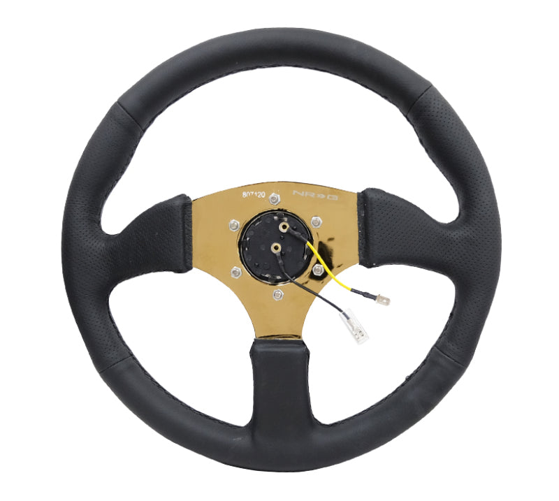 NRG Reinforced Steering Wheel (350mm / 2.5in. Deep) Leather Race Comfort Grip w/4mm Gold Spokes RST-023GD-R