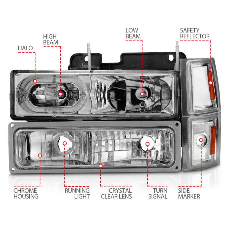 ANZO 88-98 Chevrolet C1500 Crystal Headlights Chrome Housing w/ Signal and Side Marker Lights 111508