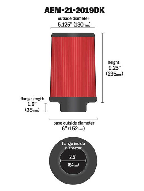 AEM DryFlow Air Filter AIR FILTER KIT 2.5in X 9in DRYFLOW 21-2019DK