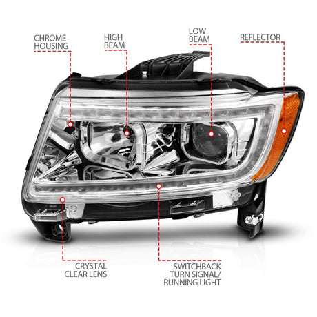 ANZO 11-13 Jeep Grand Cherokee (Factory Halogen Only) Projector Headlights w/Light Bar Swchbk Chrome 111569