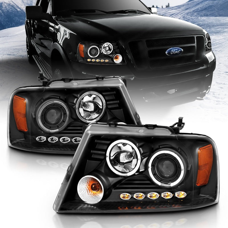 ANZO 2004-2008 Ford F-150 Projector Headlights w/ Halo and LED Black G2 111204