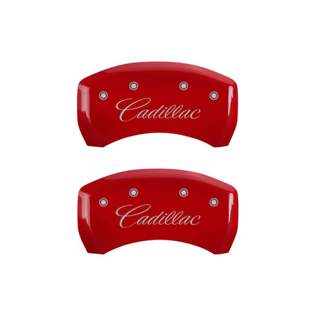 MGP 4 Caliper Covers Engraved Front & Rear Cursive/Cadillac Red Finish Silver Char 2016 Cadillac CT6 35026SCADRD