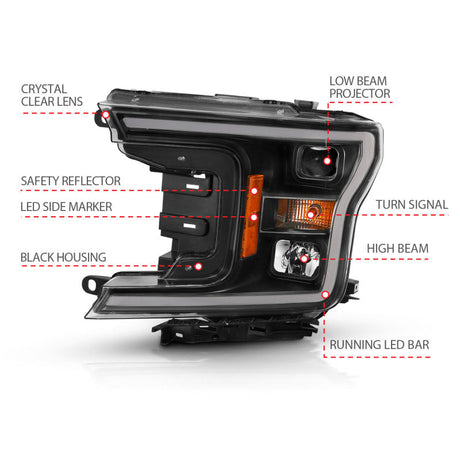 ANZO 2018-2019 Ford F-150 Projector Plank Style H.L. Black Amber (Without Switchback) 111467