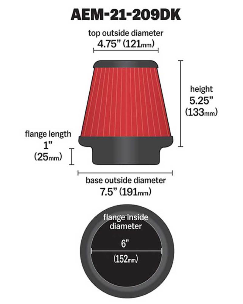 AEM 6 inch x 5 inch DryFlow Conical Air Filter 21-209DK