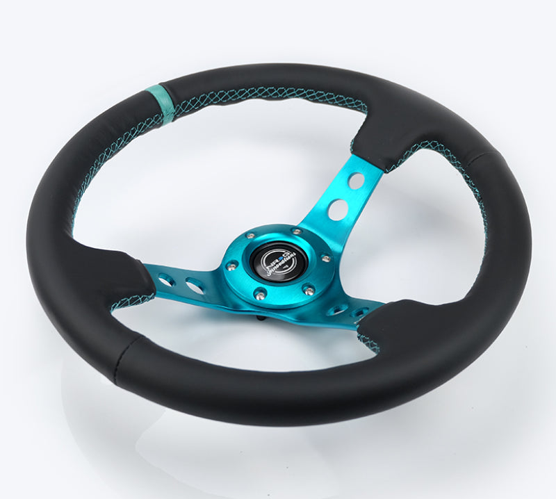 NRG Reinforce Steering Wheel (350mm / 3in. Deep) Blk Leather, Teal Center Mark w/ Teal Stitching RST-006TL