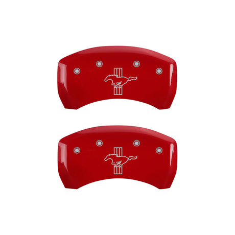 MGP 4 Caliper Covers Engraved Front Mustang Engraved Rear Bar & Pony Red finish silver ch 10198SMBPRD