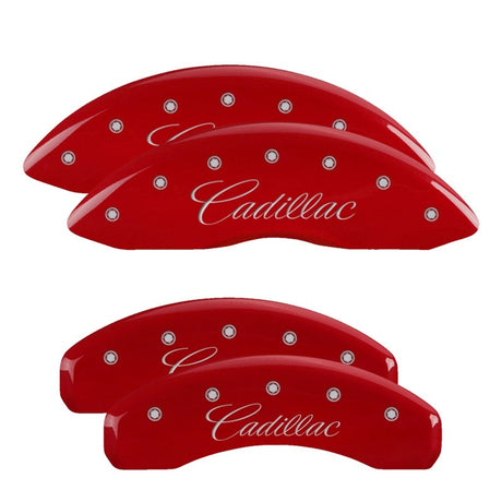 MGP 4 Caliper Covers Engraved Front & Rear Cursive/Cadillac Red finish silver ch 35015SCADRD