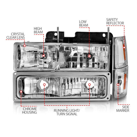 ANZO 88-98 Chevrolet C1500 Crystal Headlights Chrome w/ Signal and Side Marker Lights 111506