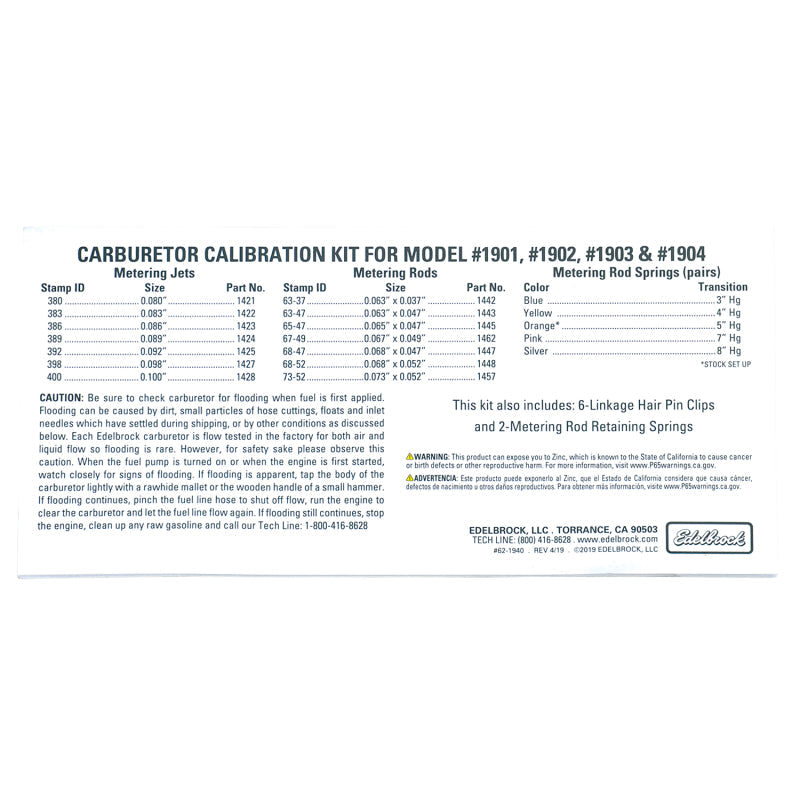 Edelbrock Calibration Kit for 1901 / 1902 / 1903 / 1904 1940