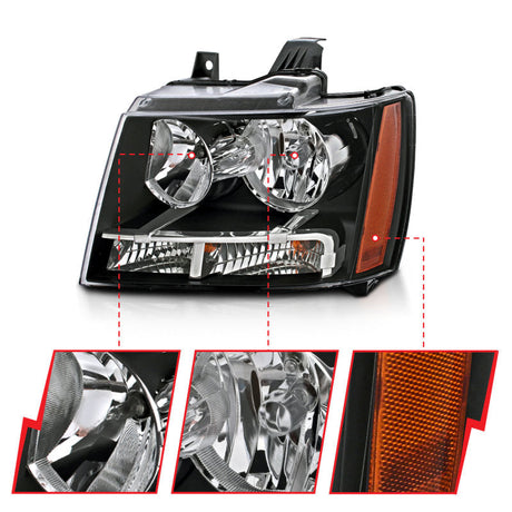 ANZO 2007-2014 Chevrolet Tahoe/Suburban Crystal Headlights Black 111392