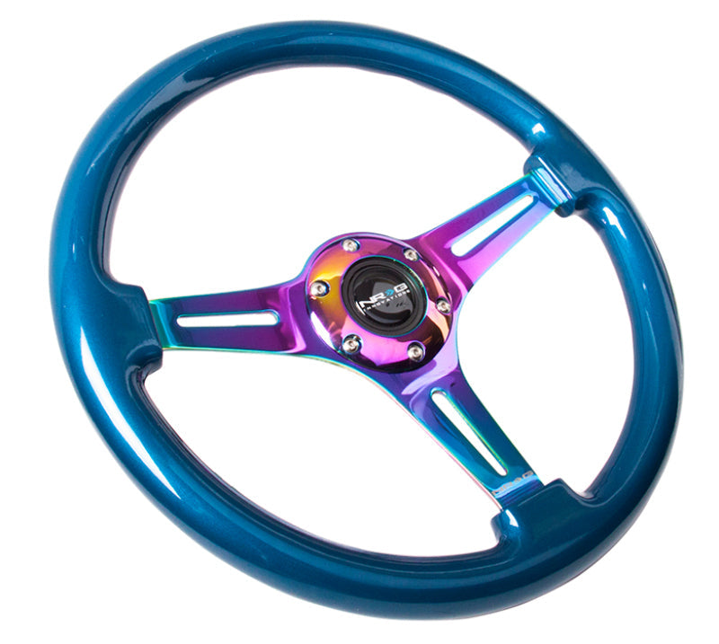NRG Classic Wood Grain Steering Wheel (350mm) Blue Pearl/Flake Paint w/Neochrome 3-Spoke Center ST-015MC-BL