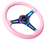 NRG Classic Wood Grain Steering Wheel (350mm) Solid Pink Painted Grip w/Neochrome 3-Spoke Center ST-015MC-PK