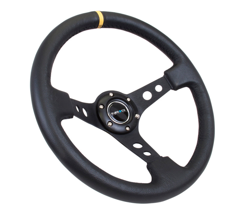 NRG Reinforced Steering Wheel (350mm / 3in. Deep) Blk Leather w/Blk Cutout Spoke/Yellow Center Mark RST-006BK-Y