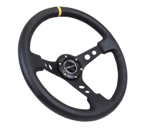 NRG Reinforced Steering Wheel (350mm / 3in. Deep) Blk Leather w/Blk Cutout Spoke/Yellow Center Mark RST-006BK-Y