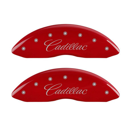 MGP 4 Caliper Covers Engraved Front Cursive/Cadillac Engraved Rear CTS Red finish silver ch 35013SCTSRD