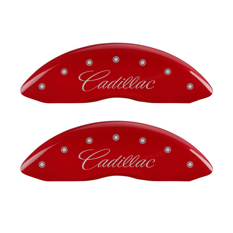 MGP 4 Caliper Covers Engraved Front & Rear Cursive/Cadillac Red finish silver ch 35015SCADRD