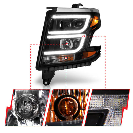 ANZO 2015-2020 Chevy Tahoe Projector Headlights Plank Style Black w/DRL 111492