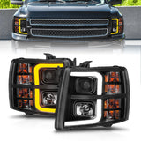 ANZO 2007-2013 Chevrolet Silverado 1500 Projector w/ Light Bar Black Housing w/ Sequential 111545