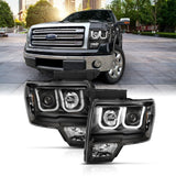 ANZO 2009-2014 Ford F-150 Projector Headlights w/ U-Bar Black Amber (HID TYPE) (WITHOUT HID KIT)
