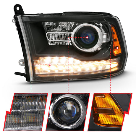 ANZO 2009-2018 Dodge Ram 1500 Projector Headlights Plank Style Halo w/Switchback Matte Black 111489