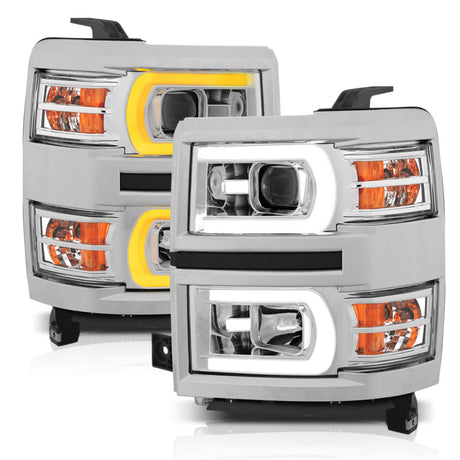 ANZO 14-15 Chevrolet Silverado 1500 Projector Headlights w/ Plank Style Switchback Chrome w/ Amber 111413