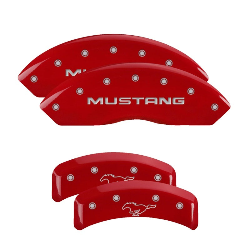 MGP 4 Caliper Covers Engraved Front Mustang Engraved Rear Pony Red finish silver ch 10095SMPYRD