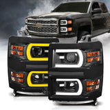 ANZO 14-15 Chevrolet Silverado 1500 Projector Headlights w/ Plank Style Switchback Black w/ Amber 111412
