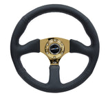 NRG Reinforced Steering Wheel (350mm / 2.5in. Deep) Leather Race Comfort Grip w/4mm Gold Spokes RST-023GD-R