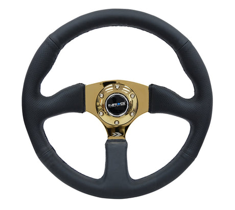NRG Reinforced Steering Wheel (350mm / 2.5in. Deep) Leather Race Comfort Grip w/4mm Gold Spokes RST-023GD-R